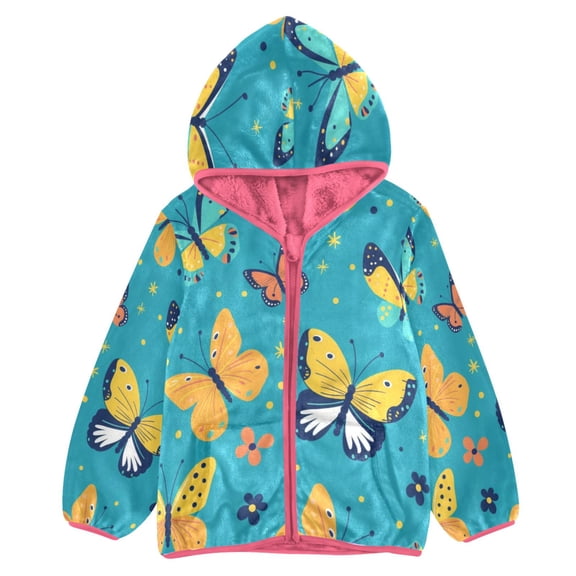 BZSMCE Double-Sided Sherpa Fleece Hooded Zipper Jacket Pink -22-butterfly Print Warm Outerwear