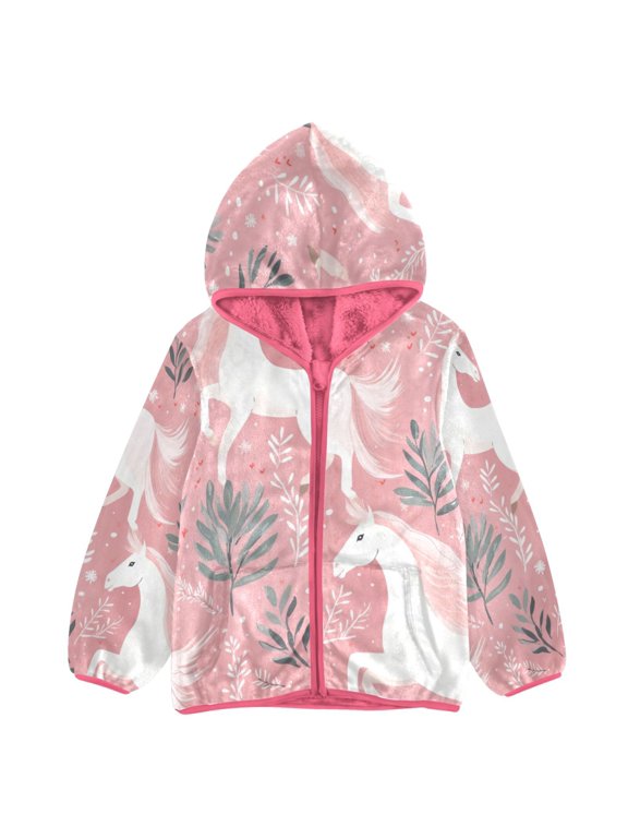BZSMCE Double-Sided Sherpa Fleece Hooded Zipper Jacket Pink -24-horse Print Warm Outerwear