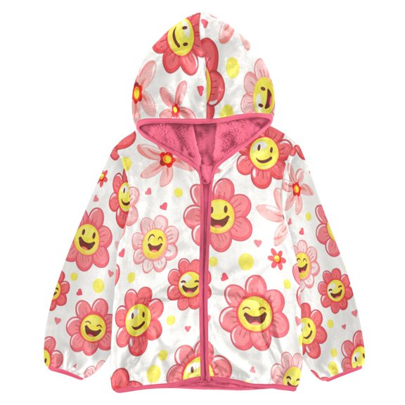 BZSMCE Double-Sided Sherpa Fleece Hooded Zipper Jacket Pink -272- Flower Print Warm Outerwear