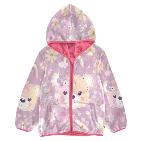 BZSMCE Double-Sided Sherpa Fleece Hooded Zipper Jacket Pink -406- Bear Print Warm Outerwear