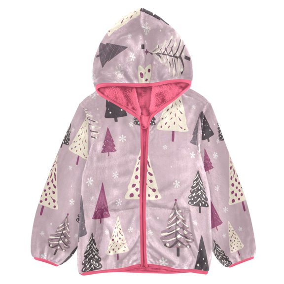 BZSMCE Double-Sided Sherpa Fleece Hooded Zipper Jacket Pink A Beautiful Christmas Tree Pattern Print Warm Outerwear