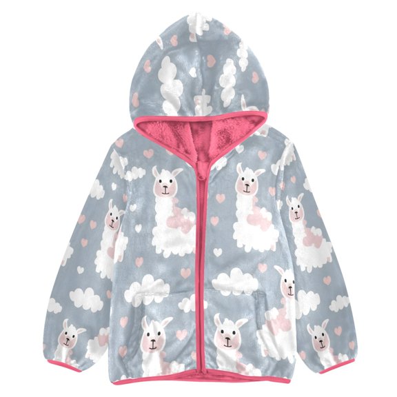 BZSMCE Double-Sided Sherpa Fleece Hooded Zipper Jacket Pink Alpaca White Clouds Print Warm Outerwear