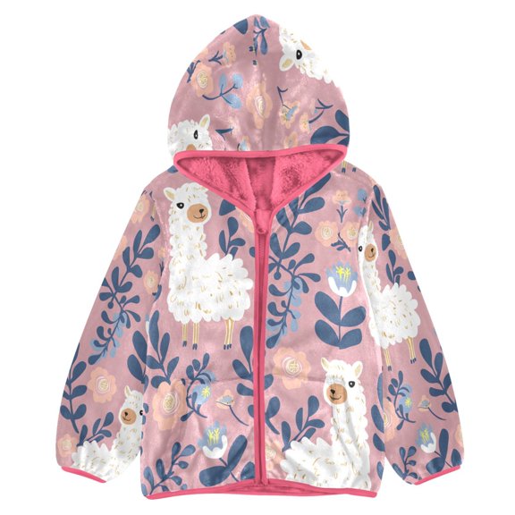 BZSMCE Double-Sided Sherpa Fleece Hooded Zipper Jacket Pink Animal 42 Print Warm Outerwear