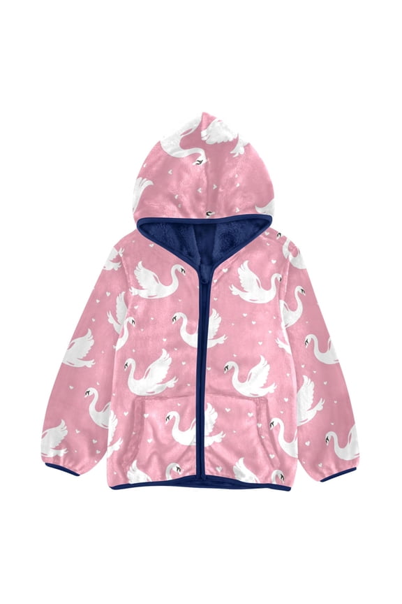 BZSMCE Double-Sided Sherpa Fleece Hooded Zipper Jacket Pink Background White Swans and Hearts Pattern Pattern Batik Dye Method Print Warm Outerwear