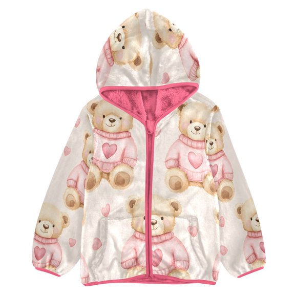 BZSMCE Double-Sided Sherpa Fleece Hooded Zipper Jacket Pink Bear in Sweater Pattern Print Warm Outerwear