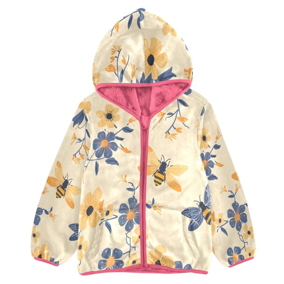 BZSMCE Double-Sided Sherpa Fleece Hooded Zipper Jacket Pink Bee and Buterfly Print Warm Outerwear