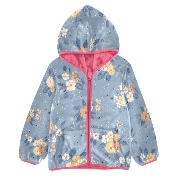 BZSMCE Double-Sided Sherpa Fleece Hooded Zipper Jacket Pink Blue Background Floral Pattern Print Warm Outerwear