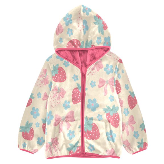 BZSMCE Double-Sided Sherpa Fleece Hooded Zipper Jacket Pink Blue Flower Bow Strawberry Print Warm Outerwear