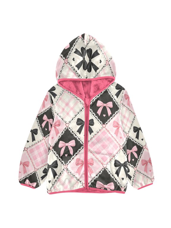 BZSMCE Double-Sided Sherpa Fleece Hooded Zipper Jacket Pink Bow Diagonal Checkered Pattern Print Warm Outerwear