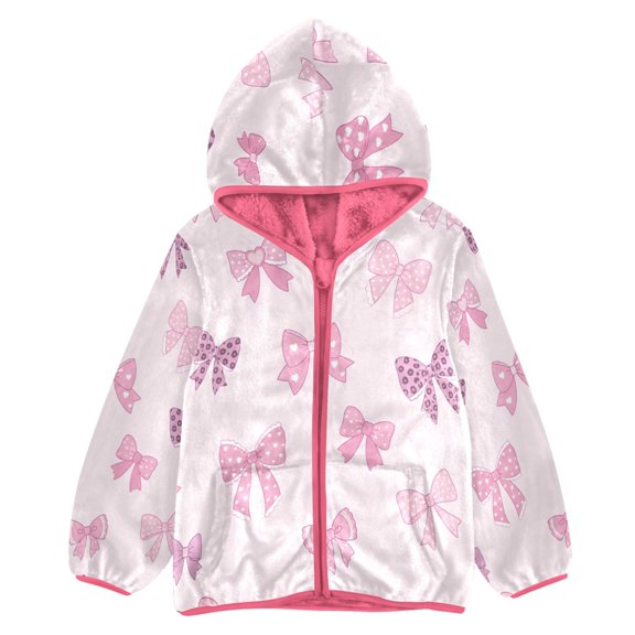 BZSMCE Double-Sided Sherpa Fleece Hooded Zipper Jacket Pink Bow Print Warm Outerwear
