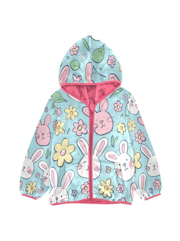 BZSMCE Double-Sided Sherpa Fleece Hooded Zipper Jacket Pink Bunny Easter Candy Daisy Flower Spring Wallpaper Print Warm Outerwear