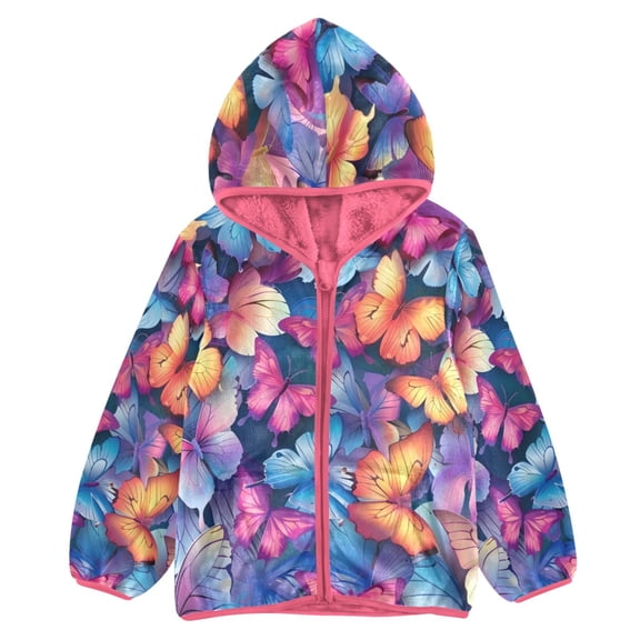 BZSMCE Double-Sided Sherpa Fleece Hooded Zipper Jacket Pink Butterflies Print Warm Outerwear
