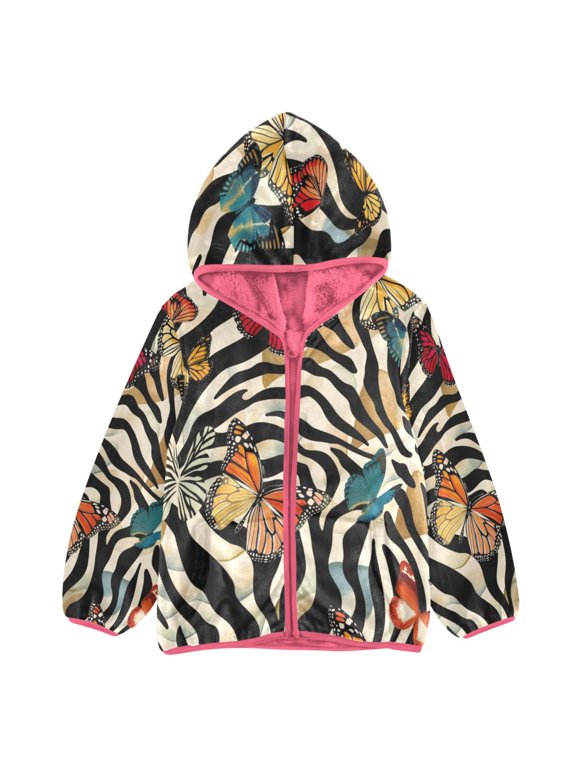 BZSMCE Double-Sided Sherpa Fleece Hooded Zipper Jacket Pink Butterflies on Animal Zebra Print Warm Outerwear