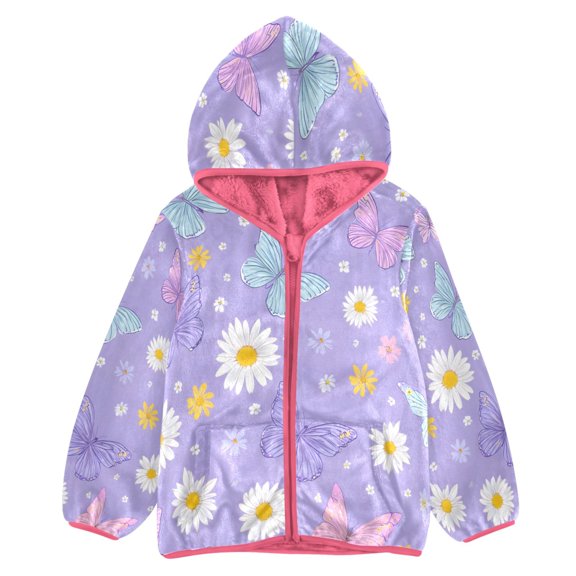 BZSMCE Double-Sided Sherpa Fleece Hooded Zipper Jacket Pink Butterfly Daisy Pattern Print Warm Outerwear