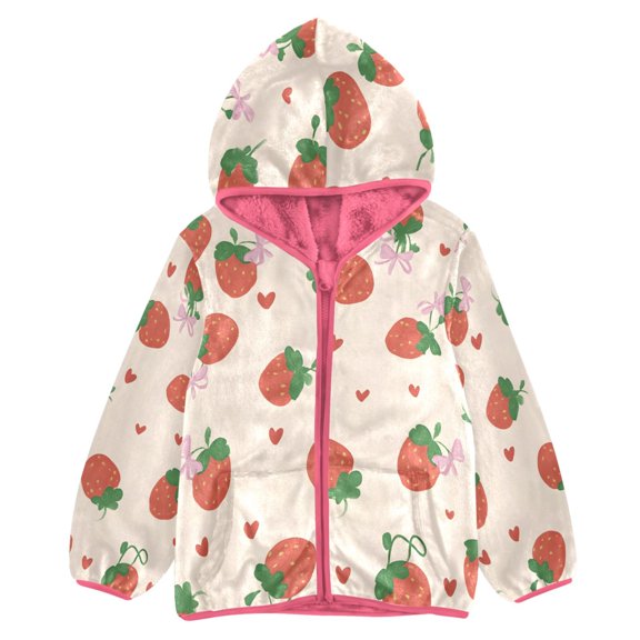 BZSMCE Double-Sided Sherpa Fleece Hooded Zipper Jacket Pink Butterfly Knot Strawberry Pattern Print Warm Outerwear