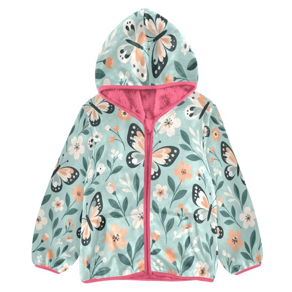 BZSMCE Double-Sided Sherpa Fleece Hooded Zipper Jacket Pink Butterfly and Flower Pattern Print Warm Outerwear
