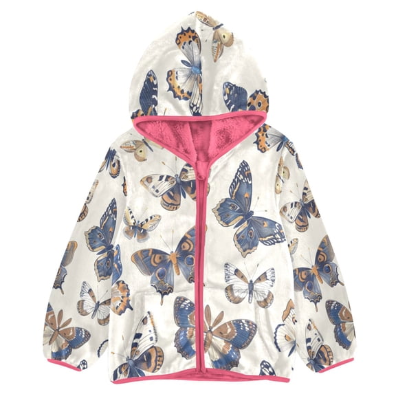 BZSMCE Double-Sided Sherpa Fleece Hooded Zipper Jacket Pink Butterflys Print Warm Outerwear