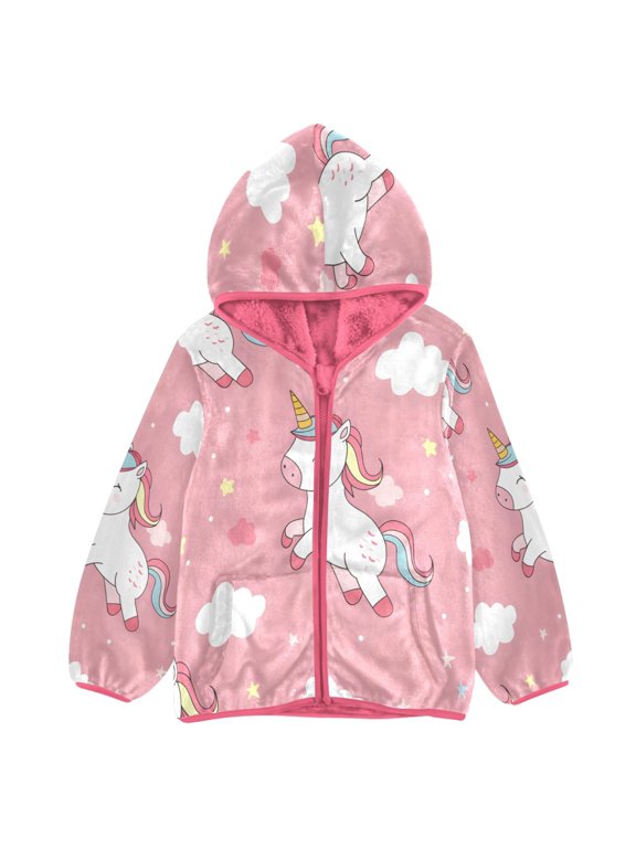 BZSMCE Double-Sided Sherpa Fleece Hooded Zipper Jacket Pink Cartoon Cute Unicorn Print Warm Outerwear