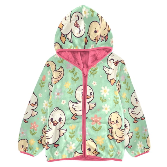 BZSMCE Double-Sided Sherpa Fleece Hooded Zipper Jacket Pink Cartoon Duck Print Warm Outerwear