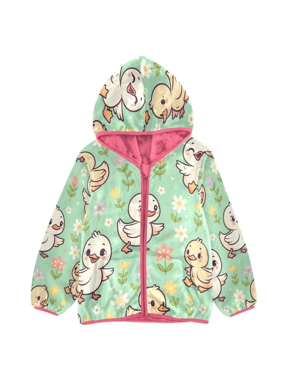 BZSMCE Double-Sided Sherpa Fleece Hooded Zipper Jacket Pink Cartoon Duck Print Warm Outerwear