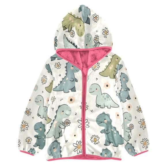 BZSMCE Double-Sided Sherpa Fleece Hooded Zipper Jacket Pink Cartoon Little Dinosaur Cute Little Daisy Print Warm Outerwear