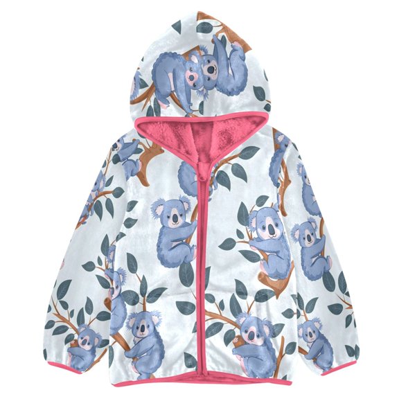 BZSMCE Double-Sided Sherpa Fleece Hooded Zipper Jacket Pink Cartoon Little Koalas Print Warm Outerwear