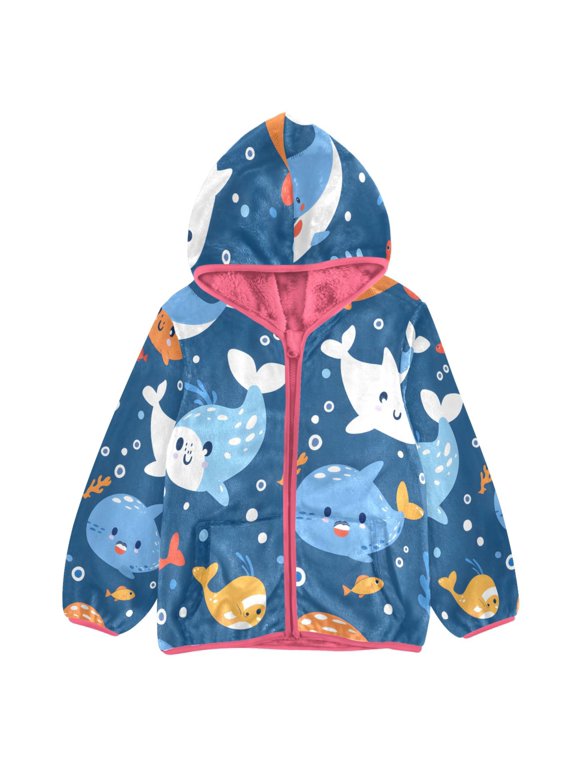 BZSMCE Double-Sided Sherpa Fleece Hooded Zipper Jacket Pink Cartoon Sea Animals Seamless Fish Print Warm Outerwear