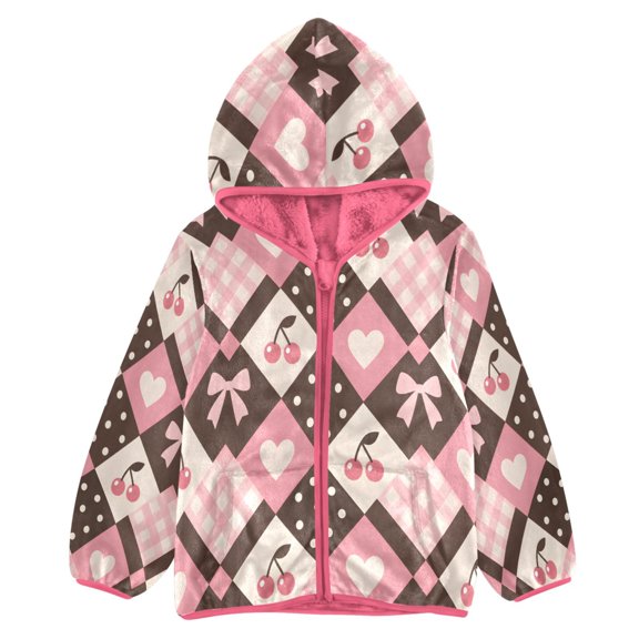 BZSMCE Double-Sided Sherpa Fleece Hooded Zipper Jacket Pink Checkered Bow Cherry Pattern Print Warm Outerwear