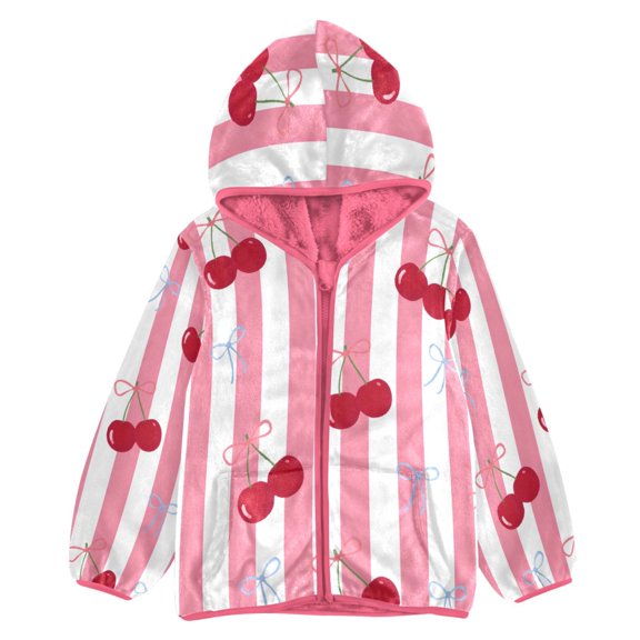BZSMCE Double-Sided Sherpa Fleece Hooded Zipper Jacket Pink Cherry Bow Pattern Print Warm Outerwear