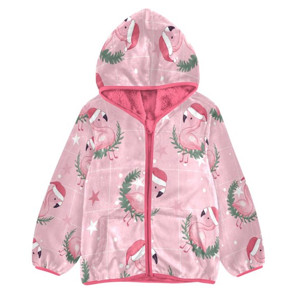 BZSMCE Double-Sided Sherpa Fleece Hooded Zipper Jacket Pink Christmas Flamingo Pattern Print Warm Outerwear