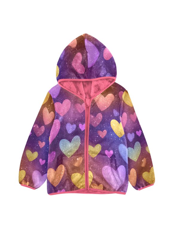 BZSMCE Double-Sided Sherpa Fleece Hooded Zipper Jacket Pink Colorful Love Flash Pattern Print Warm Outerwear