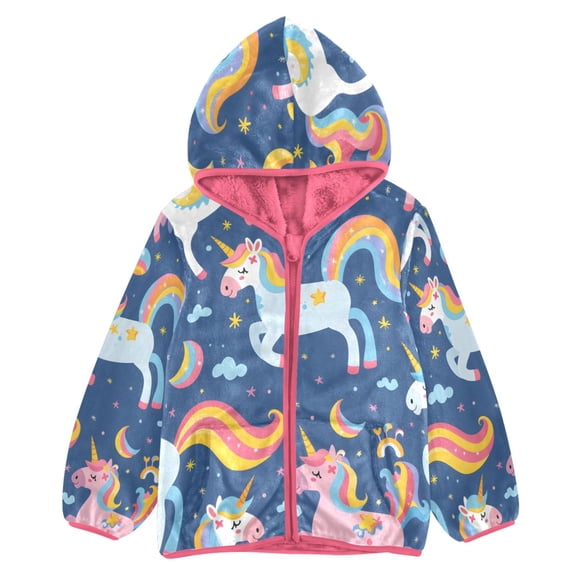 BZSMCE Double-Sided Sherpa Fleece Hooded Zipper Jacket Pink Colorful Seamless Patterns with Unicorns in Cartoon Style for Kids Print Warm Outerwear