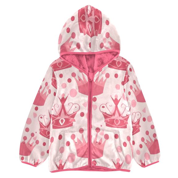 BZSMCE Double-Sided Sherpa Fleece Hooded Zipper Jacket Pink Crown Pink Background Print Warm Outerwear