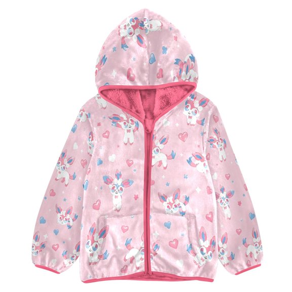 BZSMCE Double-Sided Sherpa Fleece Hooded Zipper Jacket Pink Cute Animal Pattern Print Warm Outerwear