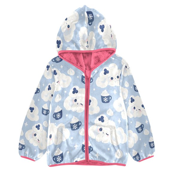 BZSMCE Double-Sided Sherpa Fleece Hooded Zipper Jacket Pink Cute Cloud Girl Pattern Print Warm Outerwear