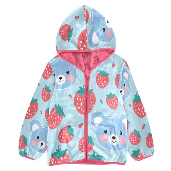 BZSMCE Double-Sided Sherpa Fleece Hooded Zipper Jacket Pink Cute Face Bear with Strawberry Print Warm Outerwear
