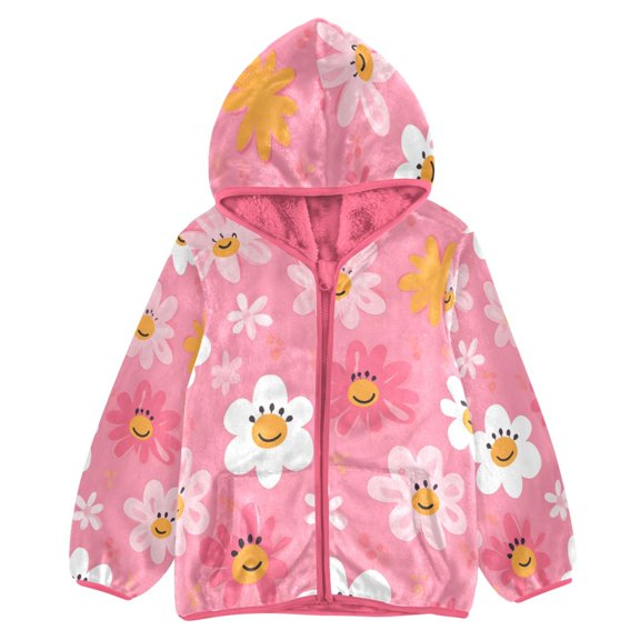 BZSMCE Double-Sided Sherpa Fleece Hooded Zipper Jacket Pink Cute Flower Pattern Print Warm Outerwear