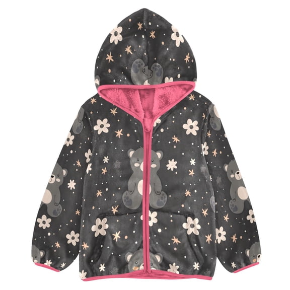 BZSMCE Double-Sided Sherpa Fleece Hooded Zipper Jacket Pink Cute Little Bear Cartoon Print Warm Outerwear