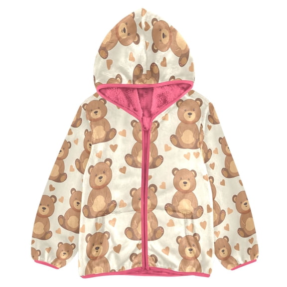 BZSMCE Double-Sided Sherpa Fleece Hooded Zipper Jacket Pink Cute Little Bear Print Warm Outerwear
