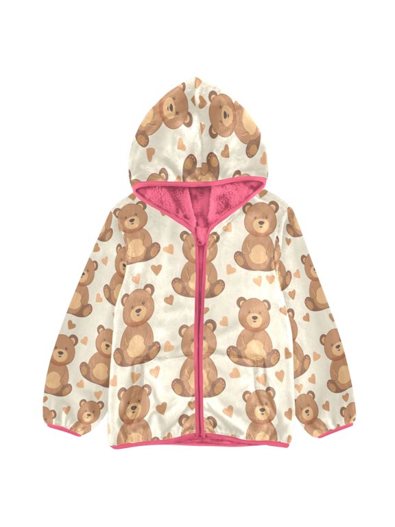 BZSMCE Double-Sided Sherpa Fleece Hooded Zipper Jacket Pink Cute Little Bear Print Warm Outerwear