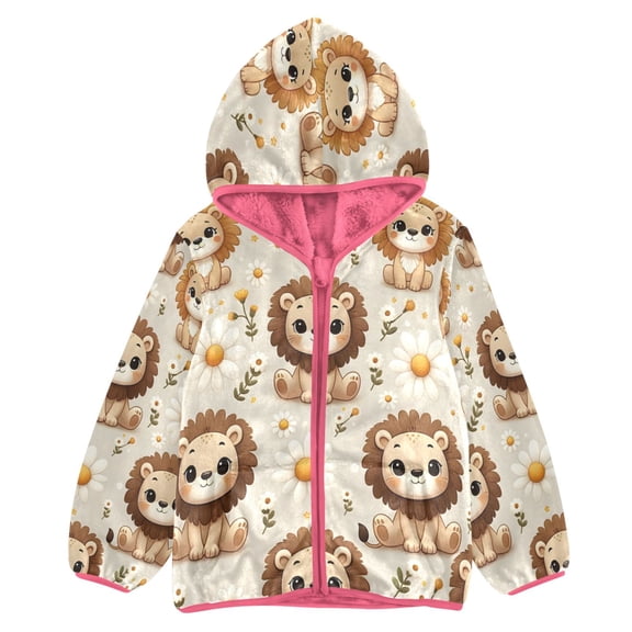 BZSMCE Double-Sided Sherpa Fleece Hooded Zipper Jacket Pink Cute Little Lion Face Print Warm Outerwear