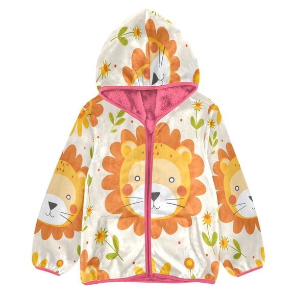 BZSMCE Double-Sided Sherpa Fleece Hooded Zipper Jacket Pink Cute Little Lion Print Warm Outerwear