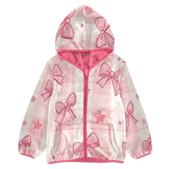 BZSMCE Double-Sided Sherpa Fleece Hooded Zipper Jacket Pink Cute Pink Star Bow Pattern Print Warm Outerwear