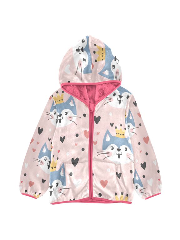 BZSMCE Double-Sided Sherpa Fleece Hooded Zipper Jacket Pink Cute Queen Cat Cartoon Pattern Backgrounds Print Warm Outerwear