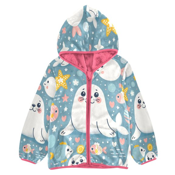BZSMCE Double-Sided Sherpa Fleece Hooded Zipper Jacket Pink Cute Seal Seamless Pattern with Star Dot and Hear Print Warm Outerwear
