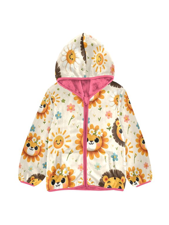 BZSMCE Double-Sided Sherpa Fleece Hooded Zipper Jacket Pink Cute Tiger Face Cute Little Lion Face Little Daisy Little Sun Seamless Picture Print Warm Outerwear