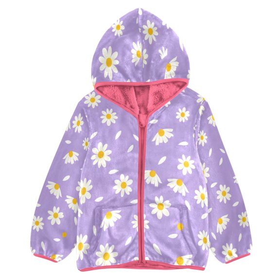 BZSMCE Double-Sided Sherpa Fleece Hooded Zipper Jacket Pink Daisy Pattern Print Warm Outerwear