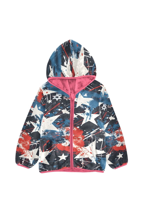 BZSMCE Double-Sided Sherpa Fleece Hooded Zipper Jacket Pink Design An Artistic Pattern Suitable for T-shirt Printing with Red White and Blue Stars and Stripes Print Warm Outerwear