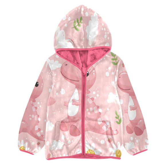 BZSMCE Double-Sided Sherpa Fleece Hooded Zipper Jacket Pink Dinosaur and Daisy Print Warm Outerwear