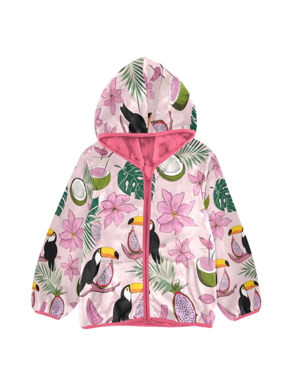 BZSMCE Double-Sided Sherpa Fleece Hooded Zipper Jacket Pink Dragon Fruit Toucan Pattern Print Warm Outerwear